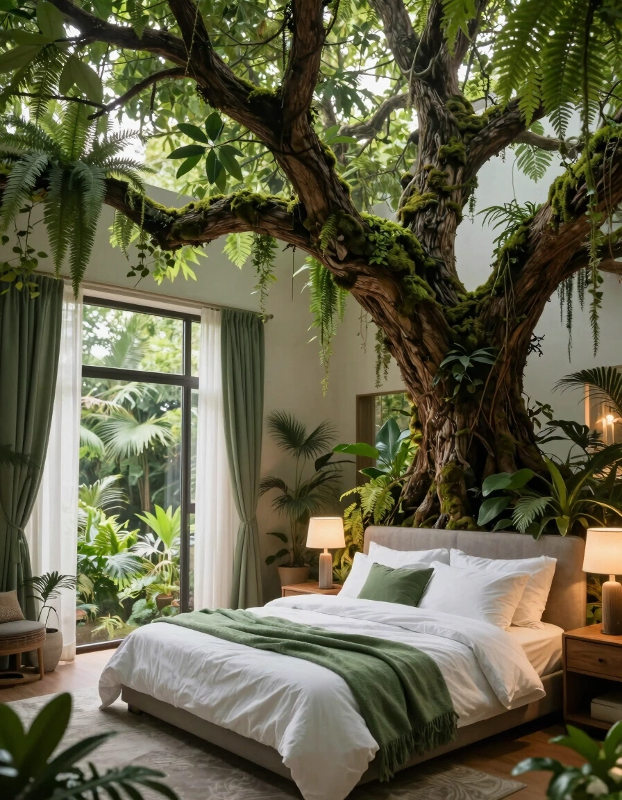 A bedroom with a tree growing through it, surrounded by plants and featuring a cozy bed with white linens and green accents.