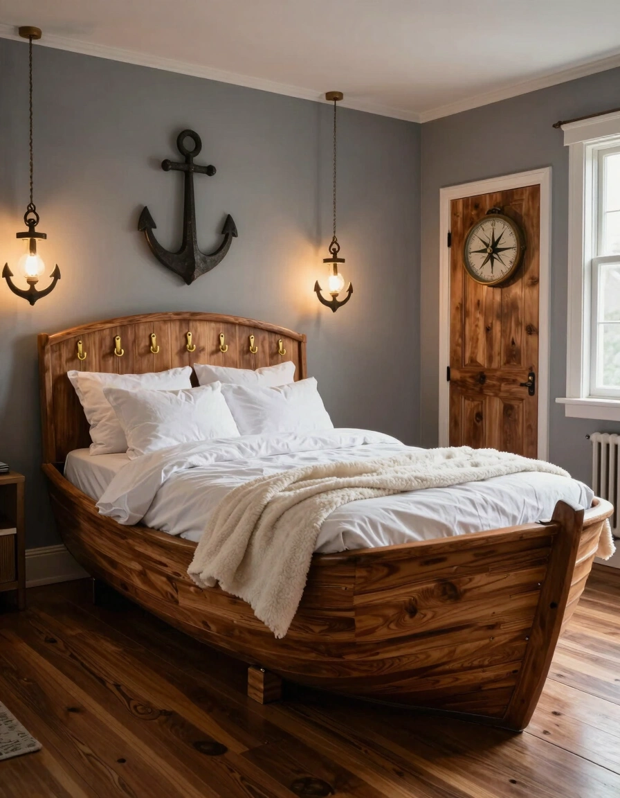 A cozy bedroom with a boat-shaped bed and nautical decor