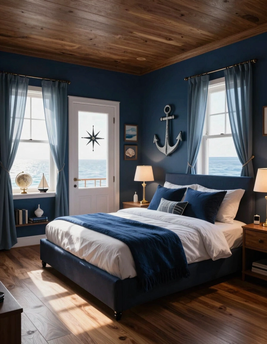 A serene bedroom with a nautical theme, featuring a large bed, dark blue walls, and a prominent anchor decoration.