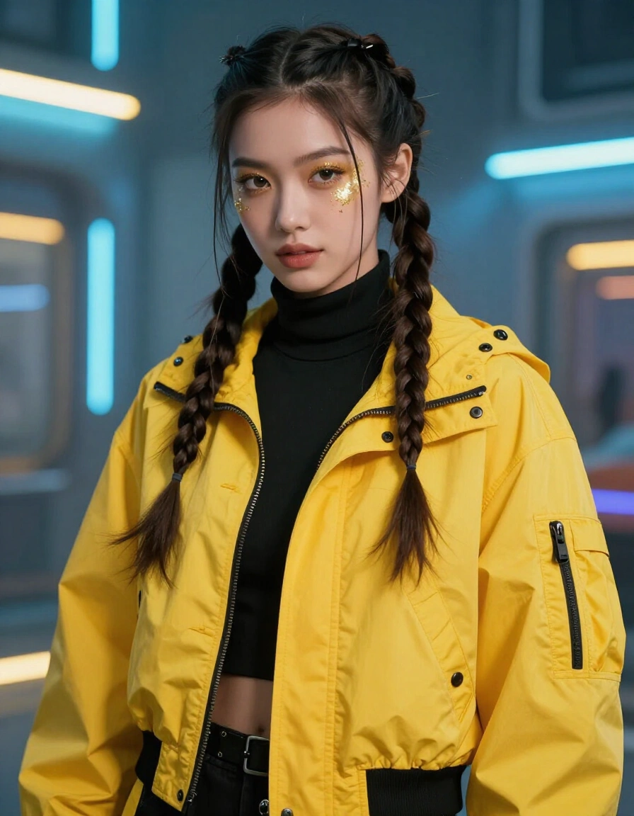 Young woman in yellow jacket with braided hair and gold glitter makeup in a neon-lit cityscape.