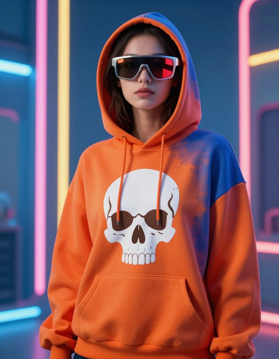 Woman in orange and blue hoodie with skull graphic and futuristic sunglasses against neon-lit columns