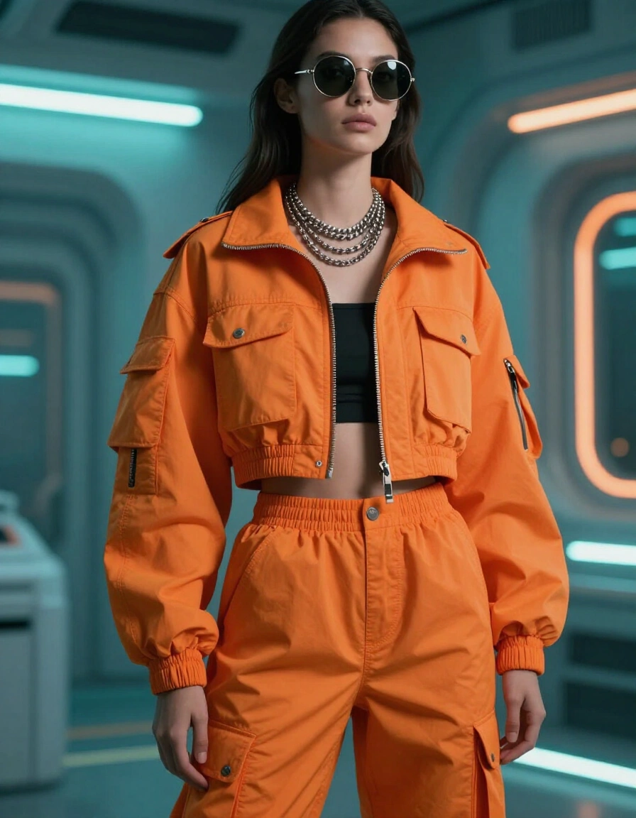 Woman in orange cropped jacket and cargo pants with green braids and silver jewelry in a neon-lit room.