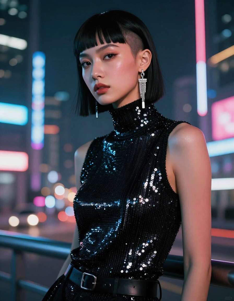 A woman with a shaved side and fringe poses in a black sequined top against a neon-lit city background.
