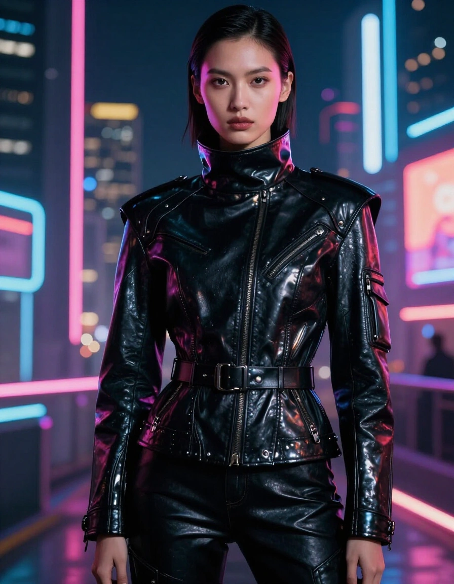 A woman in a sleek black leather jacket with metallic details poses confidently in front of a neon-lit cityscape, showcasing a fusion of streetwear and high-fashion aesthetics.