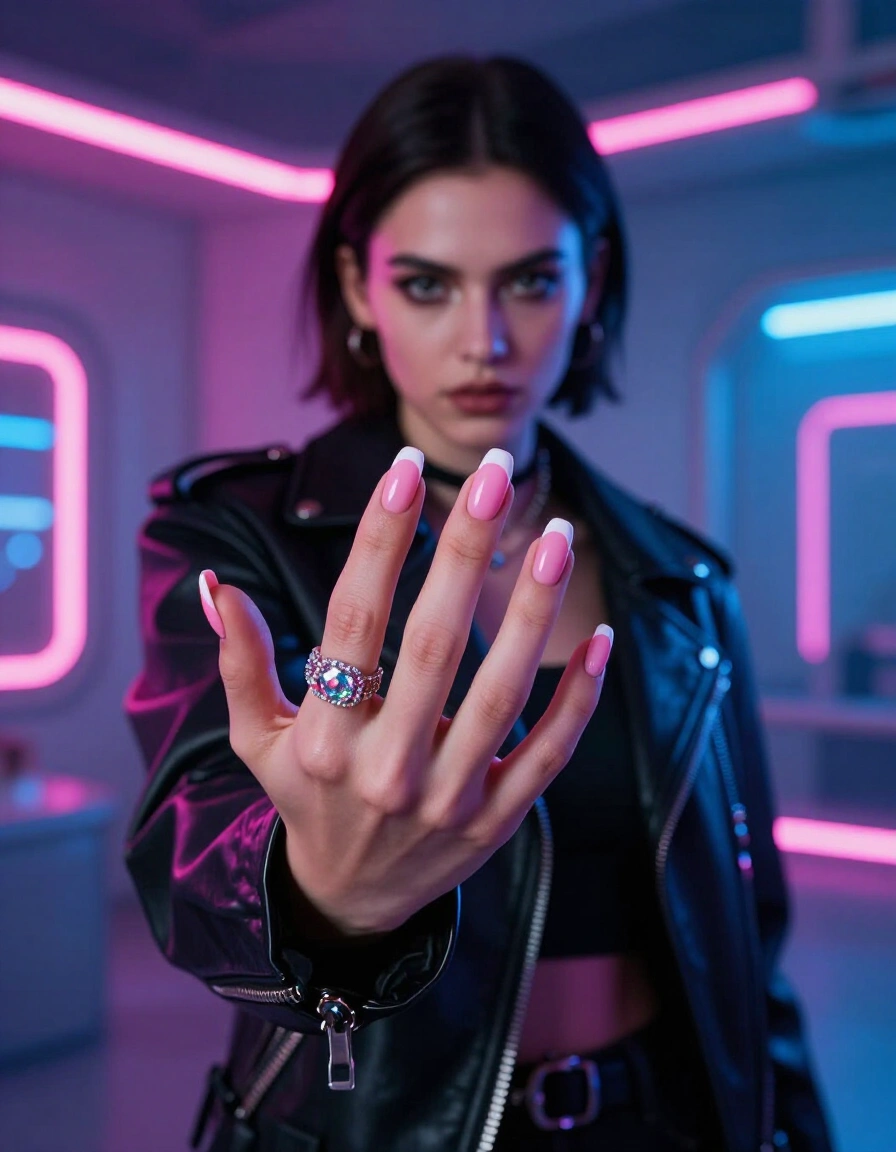 A young woman with short, dark hair and a black leather jacket stands in front of a neon-lit background, showcasing her manicured nails and a large, glittering ring.