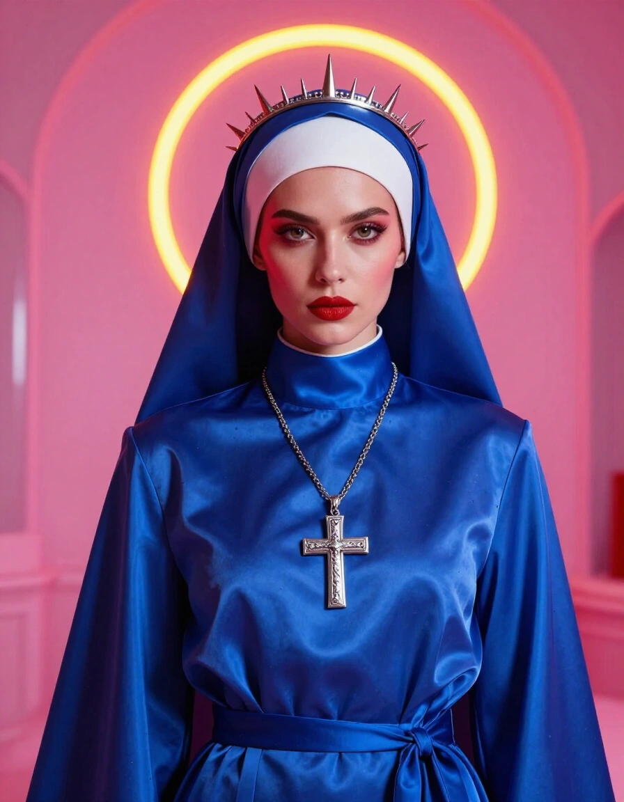 A woman in a futuristic blue nun's habit with a silver cross and spiked crown stands in front of a pink background with a yellow neon halo.