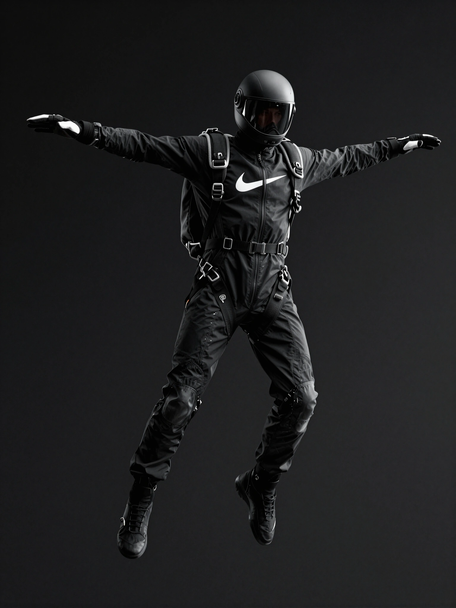 Hyper-realistic image of skydiver in Nike jumpsuit with outstretched arms and bent legs, against a black background