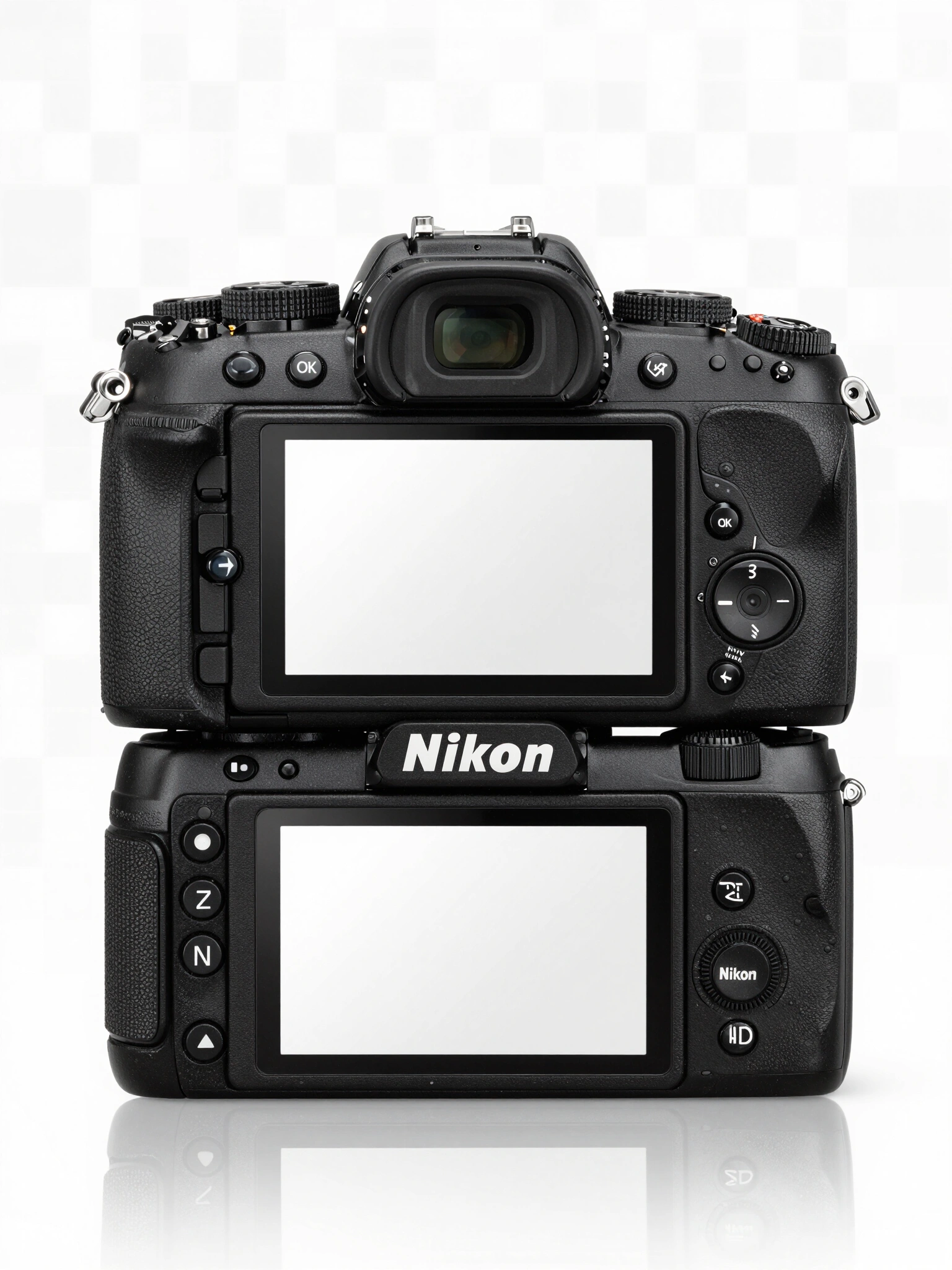 Black Nikon camera with blank white LCD screen on transparent background