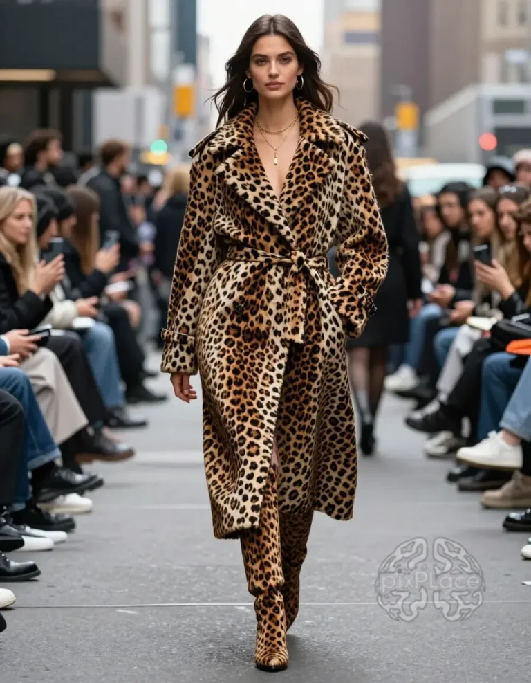 Woman wearing leopard print coat and boots walking down city street