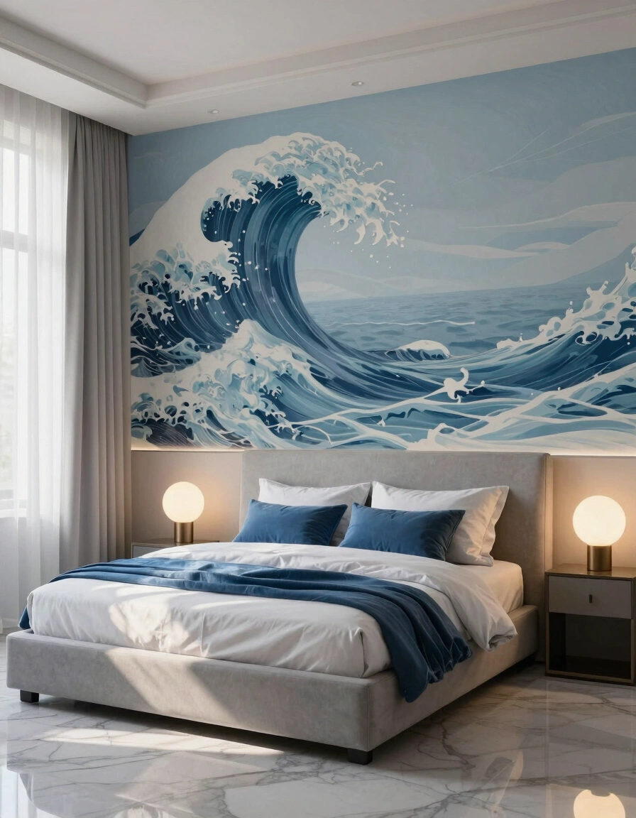 Serene bedroom with ocean wave mural, gray bed frame, and marble floor