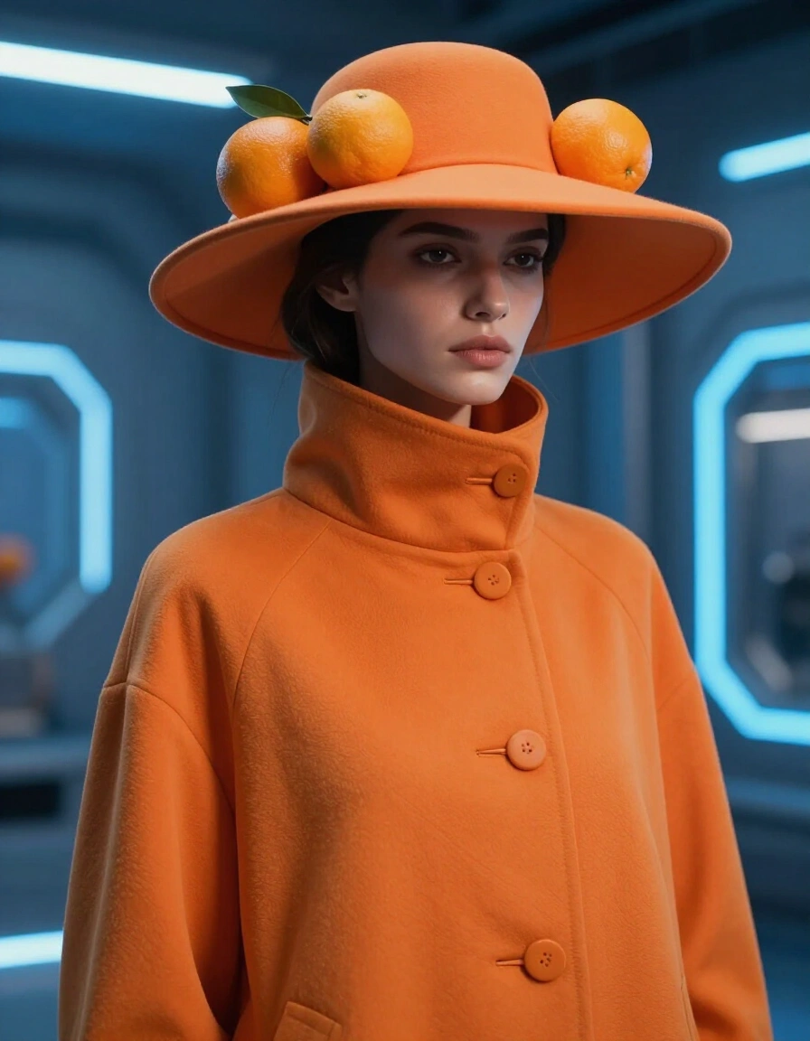 Woman in orange hat and coat with oranges on hat, standing in front of blue neon lights.