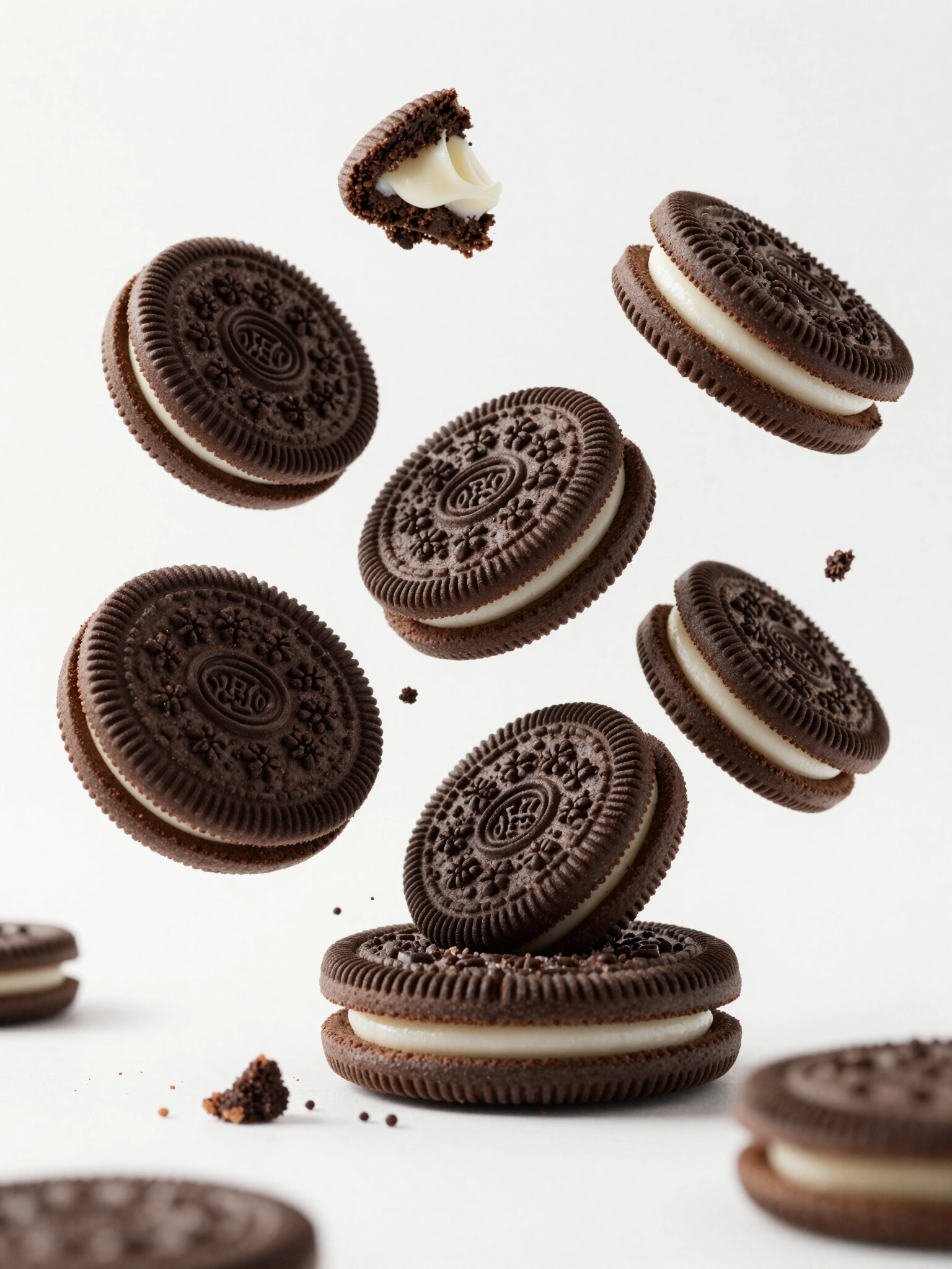 Oreo cookies stacked and floating in mid-air, surrounded by cookie crumbs and fragments, on a white background