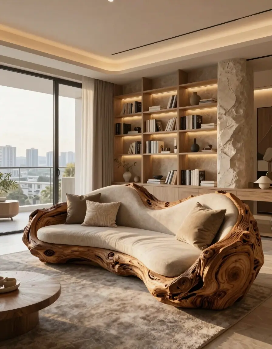 Luxurious living room with a natural tree trunk sofa, beige cushions, and a city view