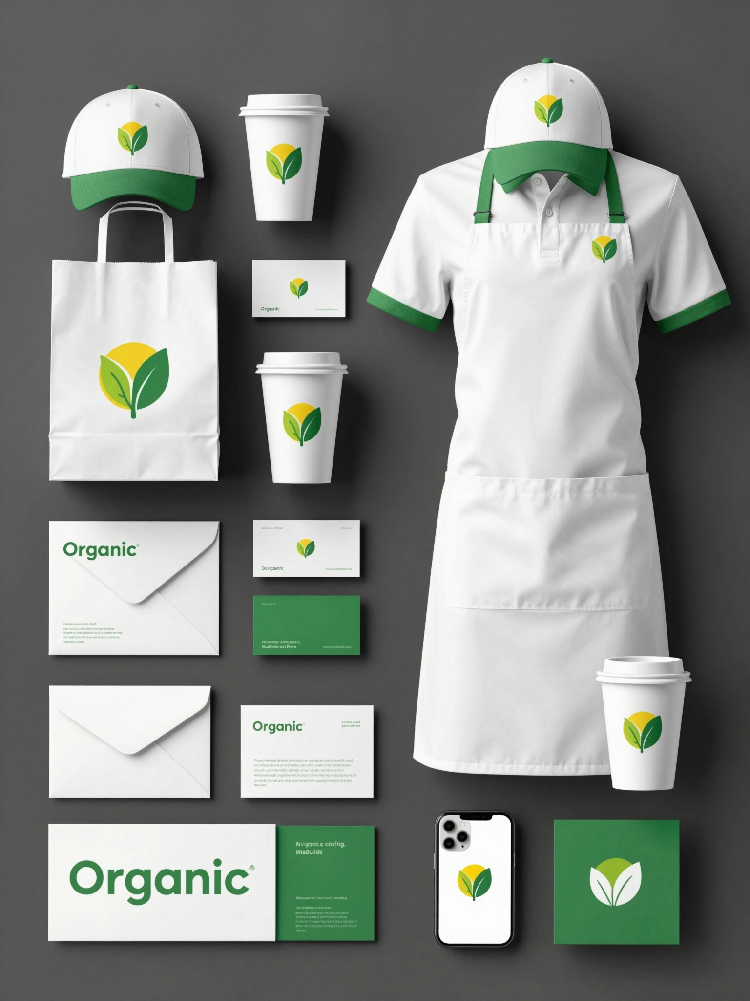 A collection of branded products for an organic restaurant, including a polo shirt, cap, apron, and coffee cups, arranged against a dark grey background.