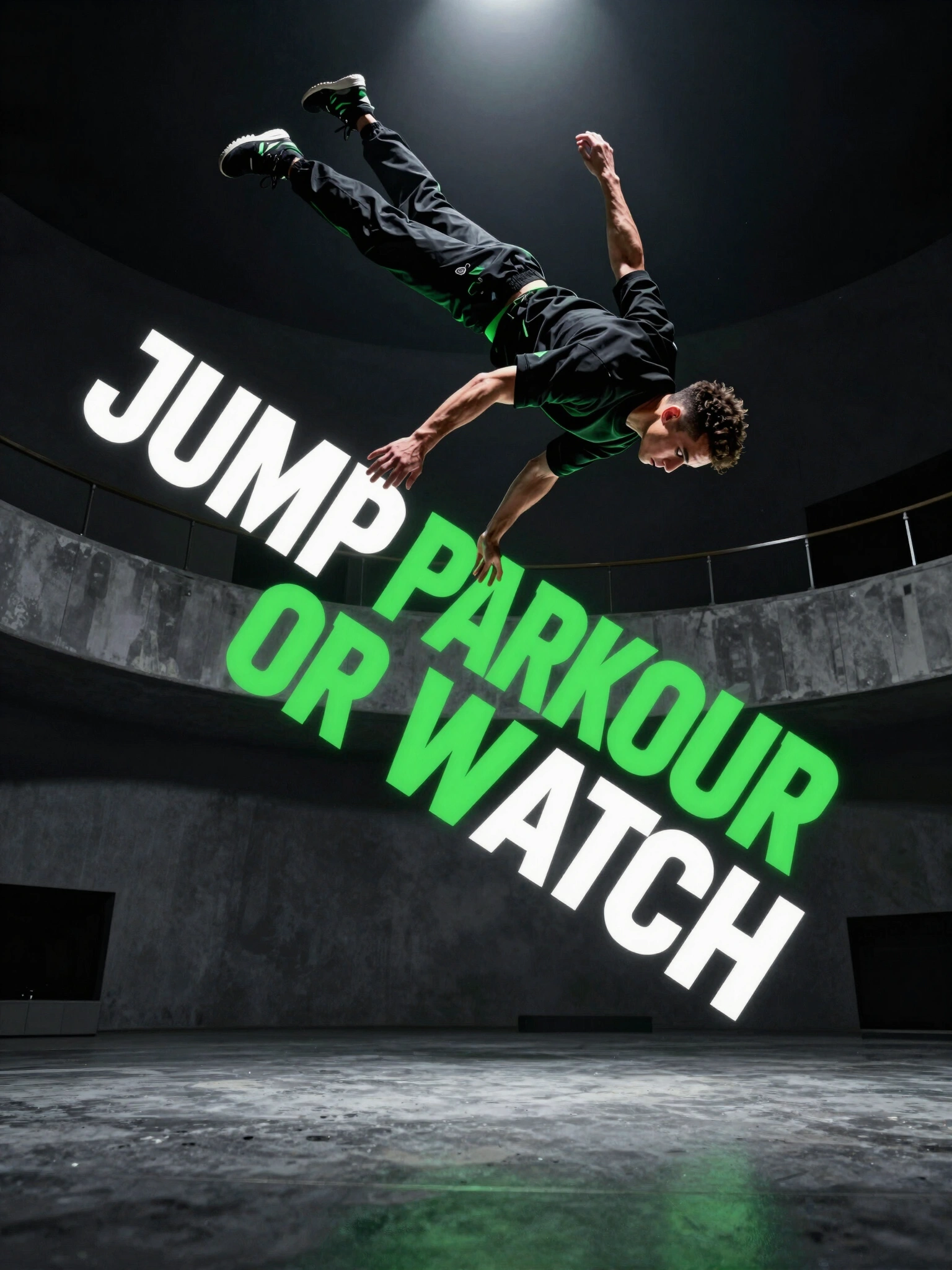 Parkour athlete in mid-air with green glow effect and bold text