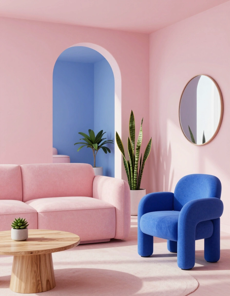 A minimalist living room with pastel pink sofa, blue accent chair, and wooden side table, set against a soft pink wall with a large arched doorway.