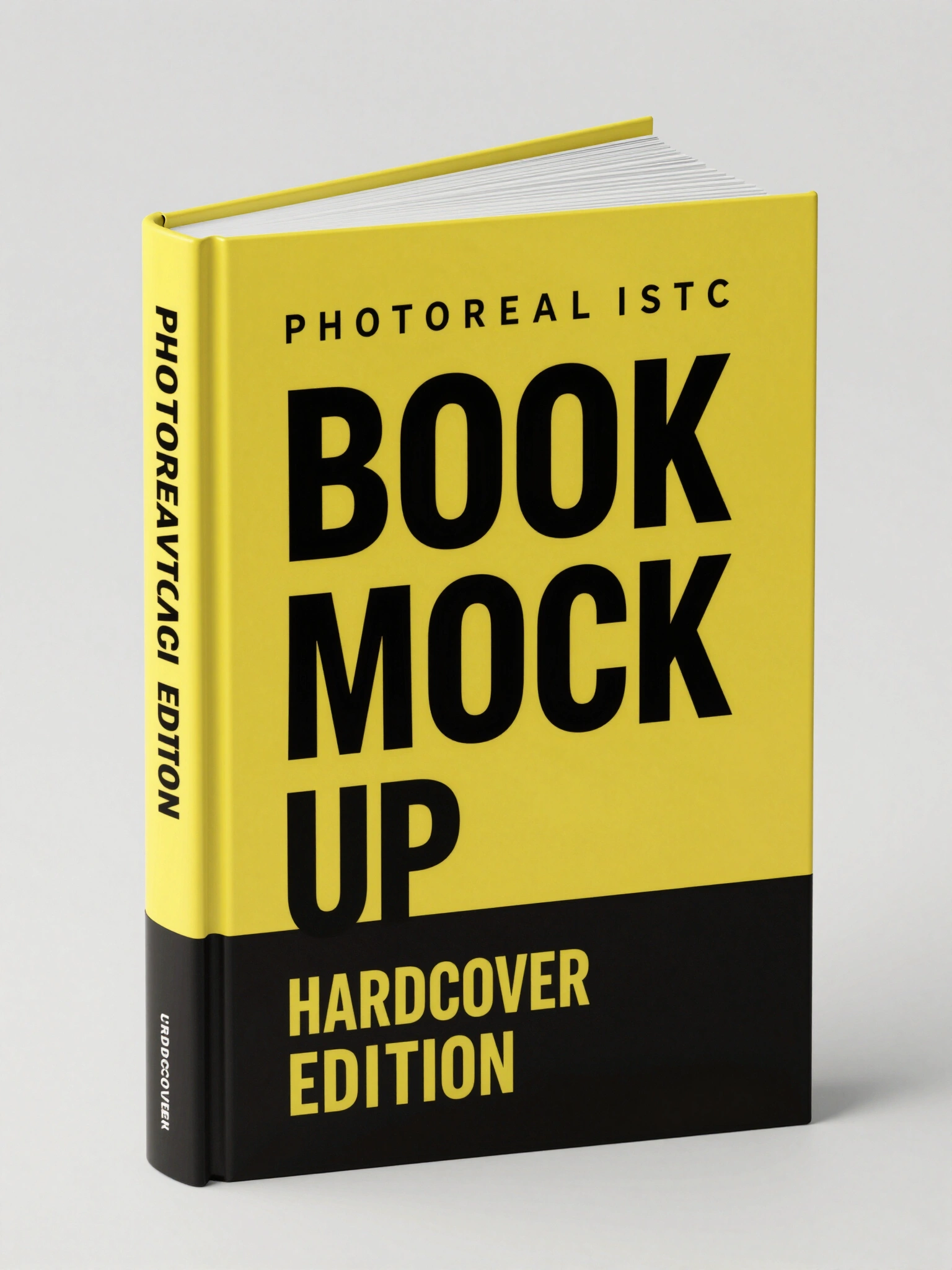 A photorealistic mockup of a hardcover book with a yellow and black cover design standing upright on a gray background.
