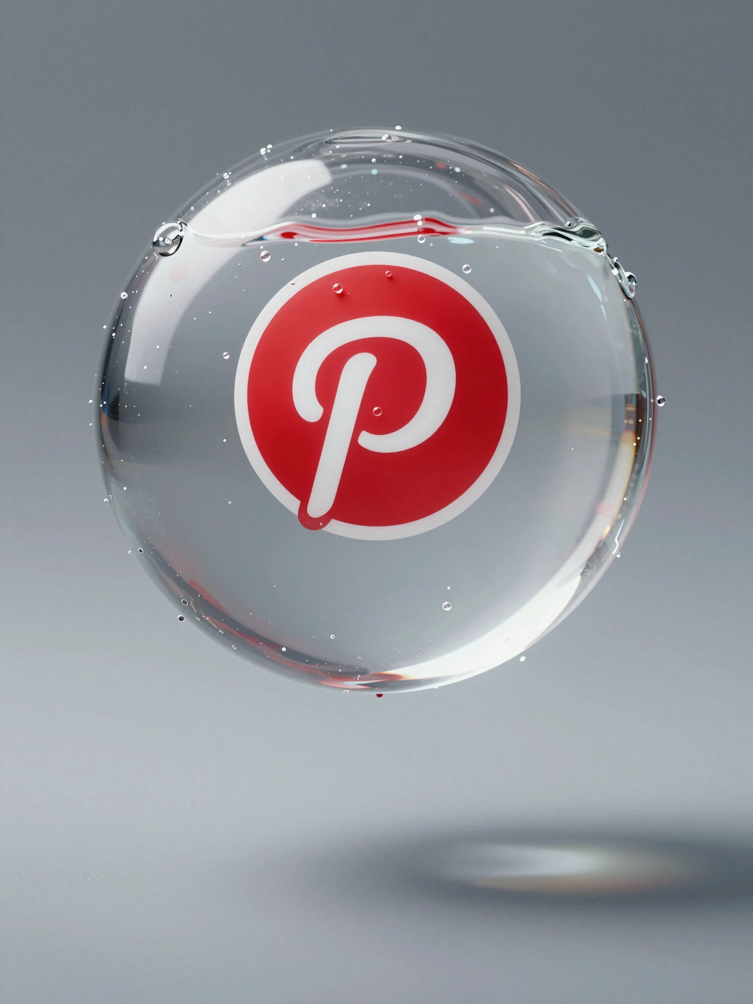 Transparent water sphere with Pinterest logo inside, floating in mid-air with soft lighting and gray background