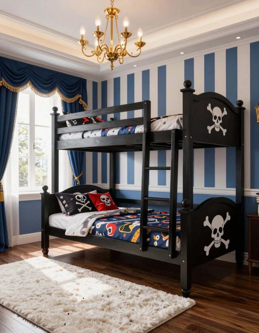 Pirate-themed bunk bed in a luxurious children's bedroom with blue and white striped walls and dark hardwood floors.