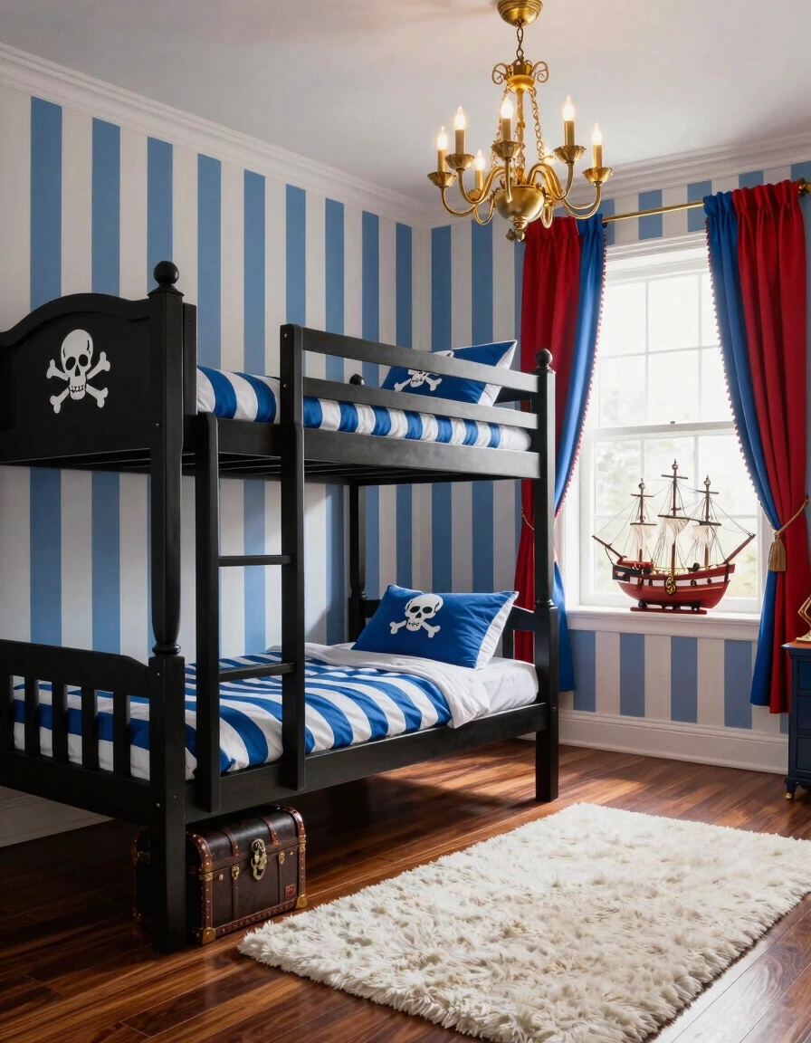Pirate-themed bunk bed with blue and white striped bedding and treasure chest in a cozy children's bedroom