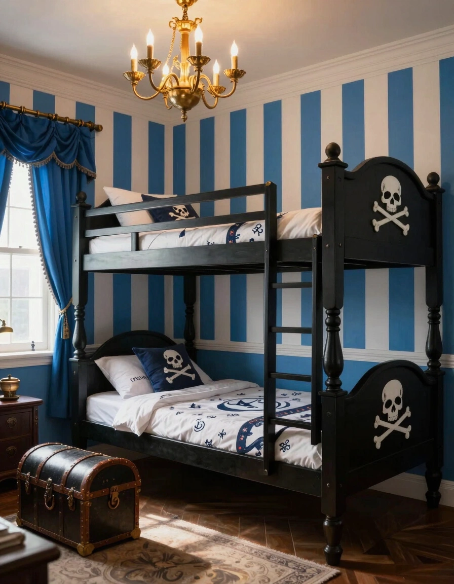 Pirate-themed bunk bed room with black bunk bed, white skull and crossbones, blue and white striped walls, and gold chandelier.