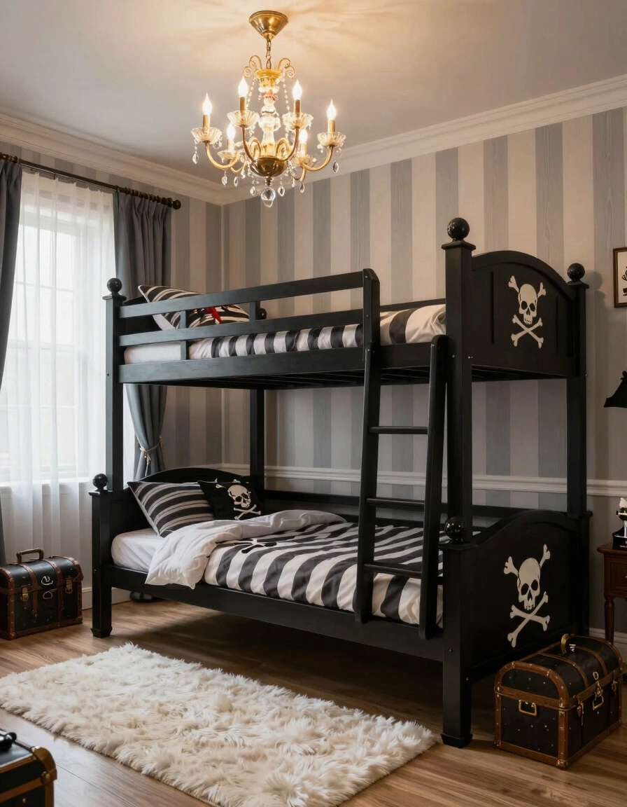 Pirate-themed bedroom with a black bunk bed, striped wallpaper, and a chandelier.