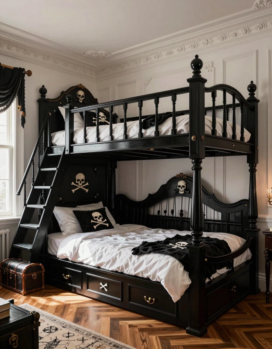 A luxurious pirate-themed bedroom with a multi-level bunk bed designed to look like a pirate ship, complete with a spiral staircase and skull-and-crossbones motifs.