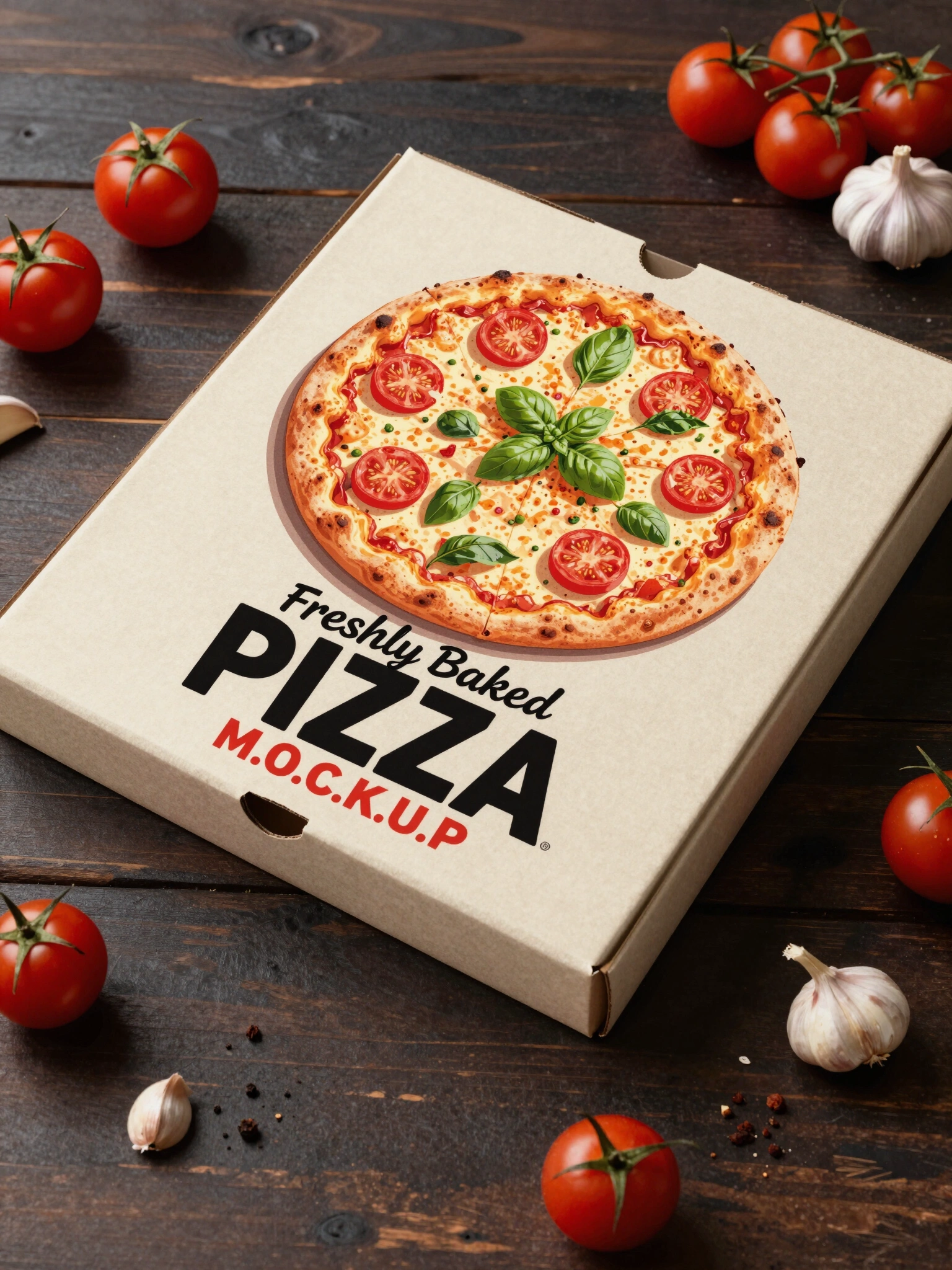 Pizza box mockup on a dark wooden table with cherry tomatoes, garlic, and spices around it.