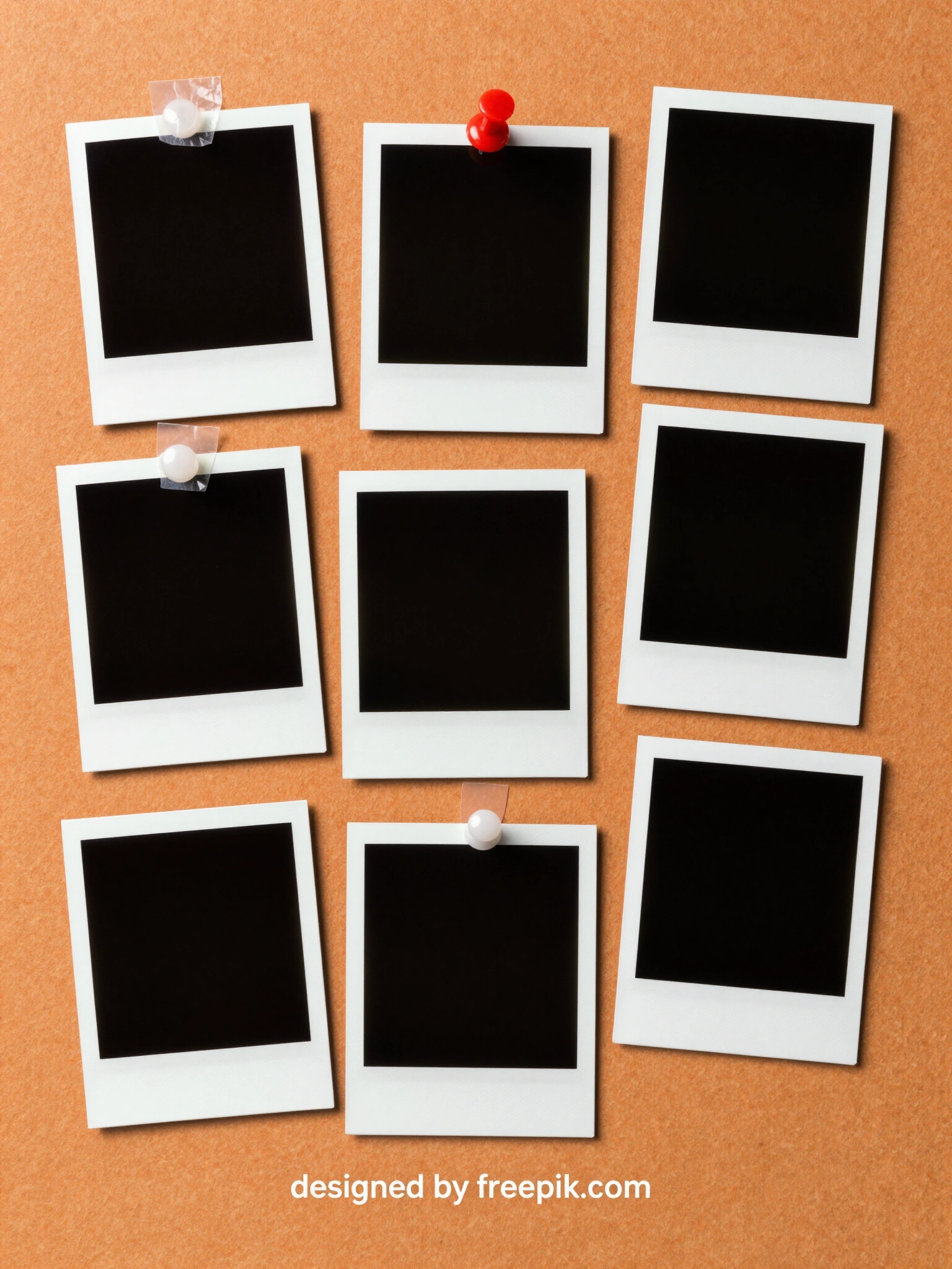 A collection of blank Polaroid photographs arranged on a textured orange bulletin board, with varying attachment methods and a mix of single and stacked frames.