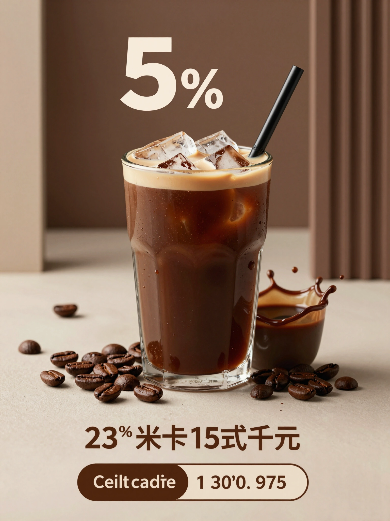 A tall glass of iced coffee with a creamy topping, surrounded by coffee beans and a splash of coffee, with a black straw and a 5% discount offer
