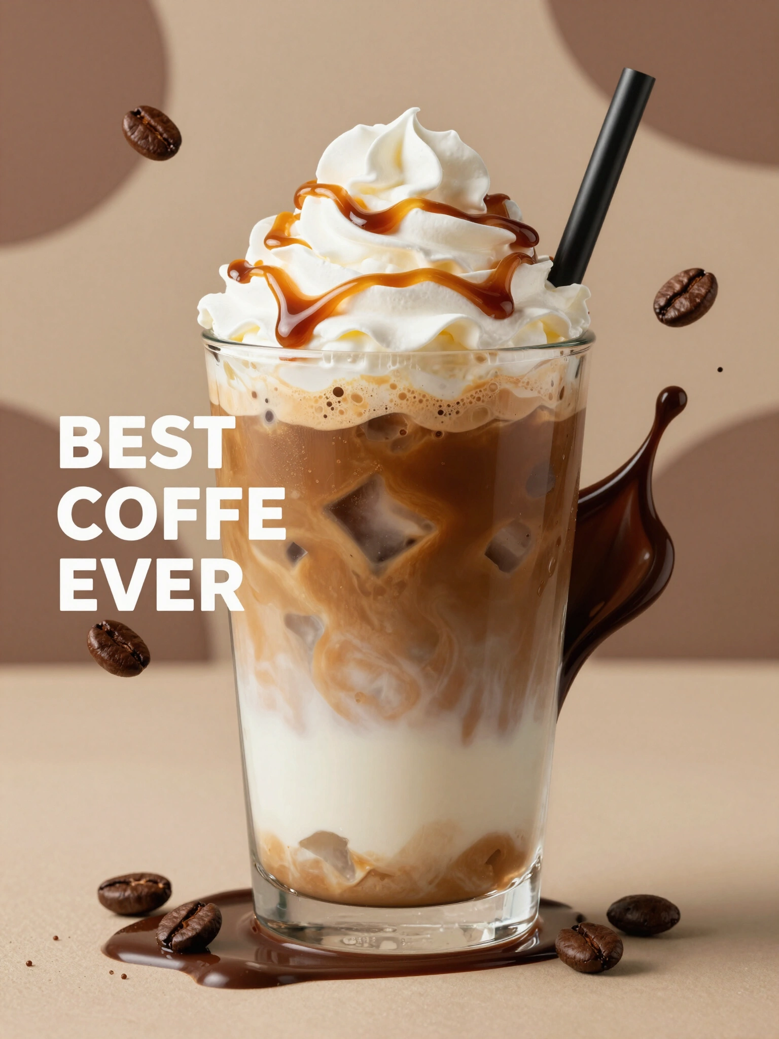 Iced coffee drink in a clear glass with whipped cream and caramel drizzle