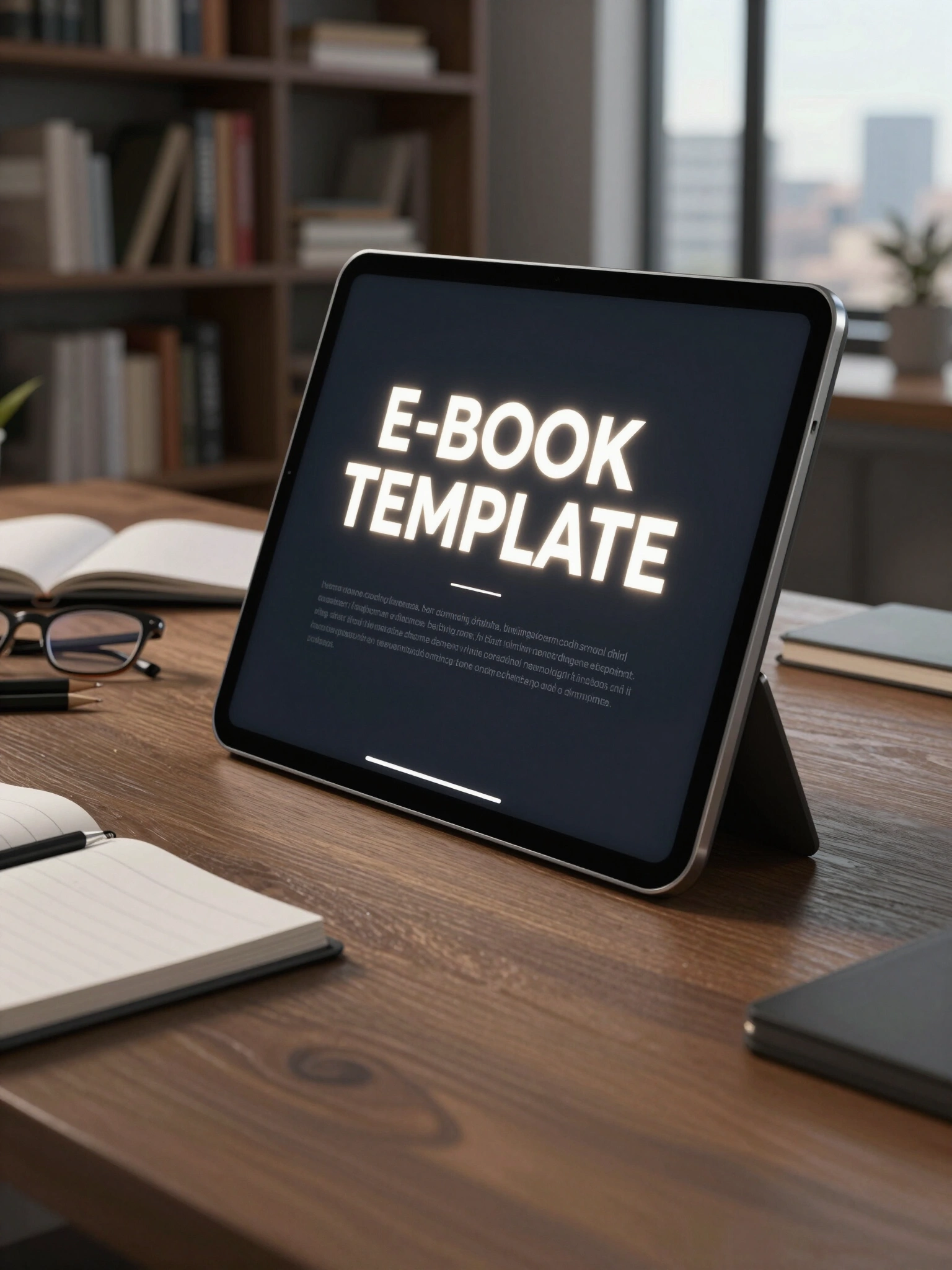 Tablet displaying e-book template on a wooden desk with office supplies