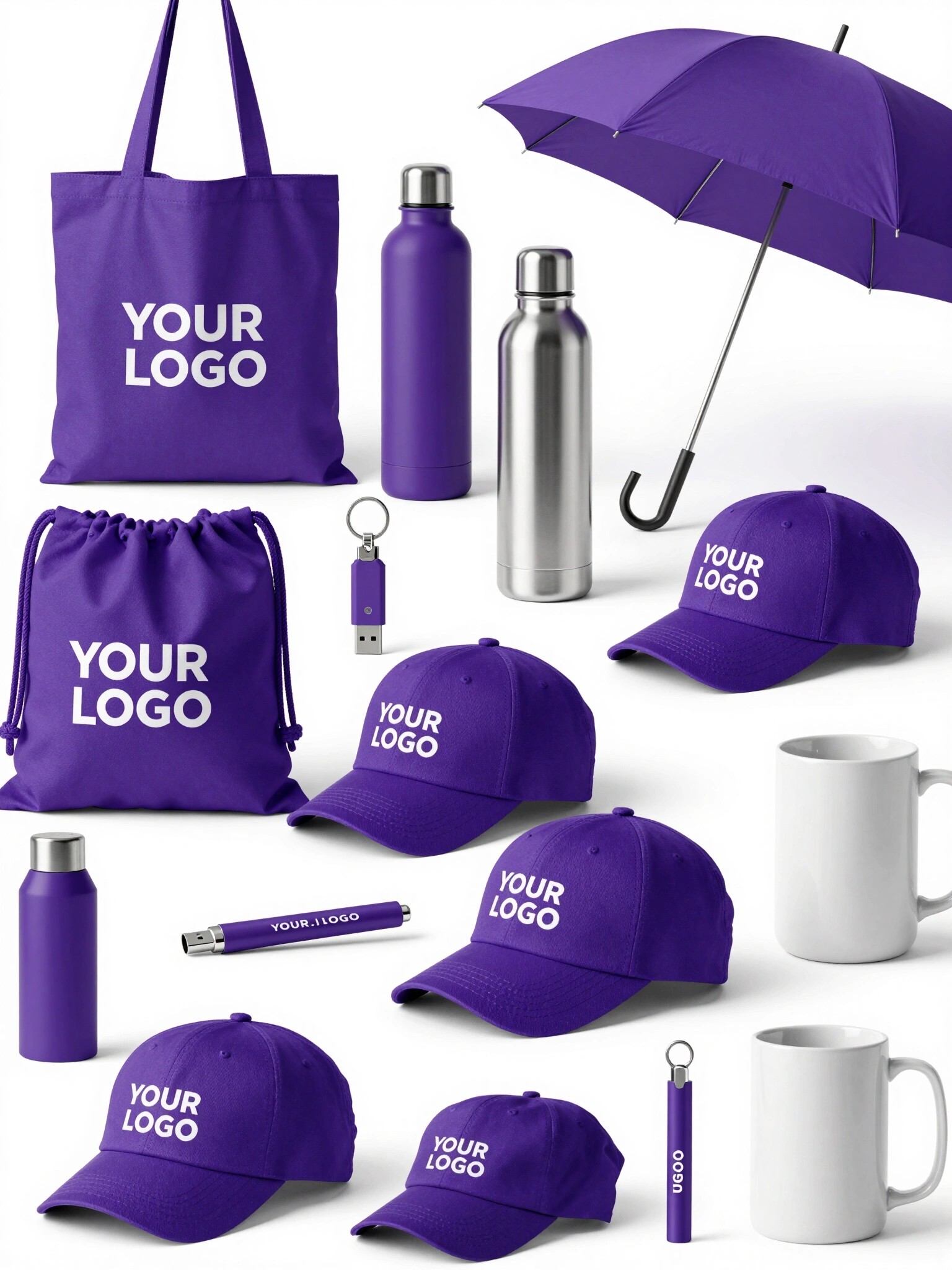 A diverse collection of purple promotional products, including tote bags, sweatshirts, and accessories, all featuring a 'YOUR LOGO' placeholder.