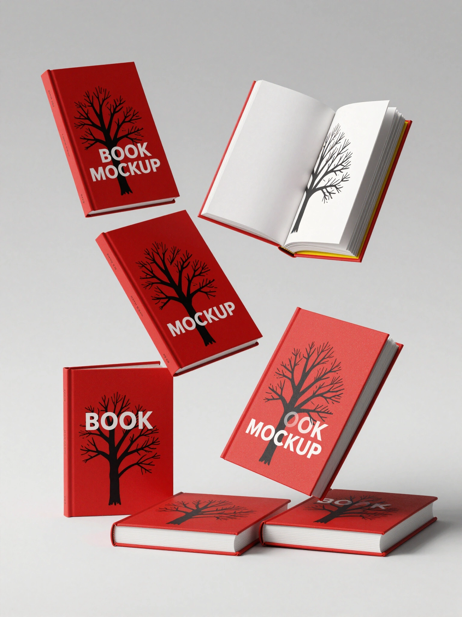 Book mockup set with red covers and black tree design, arranged in various poses against a gradient background.