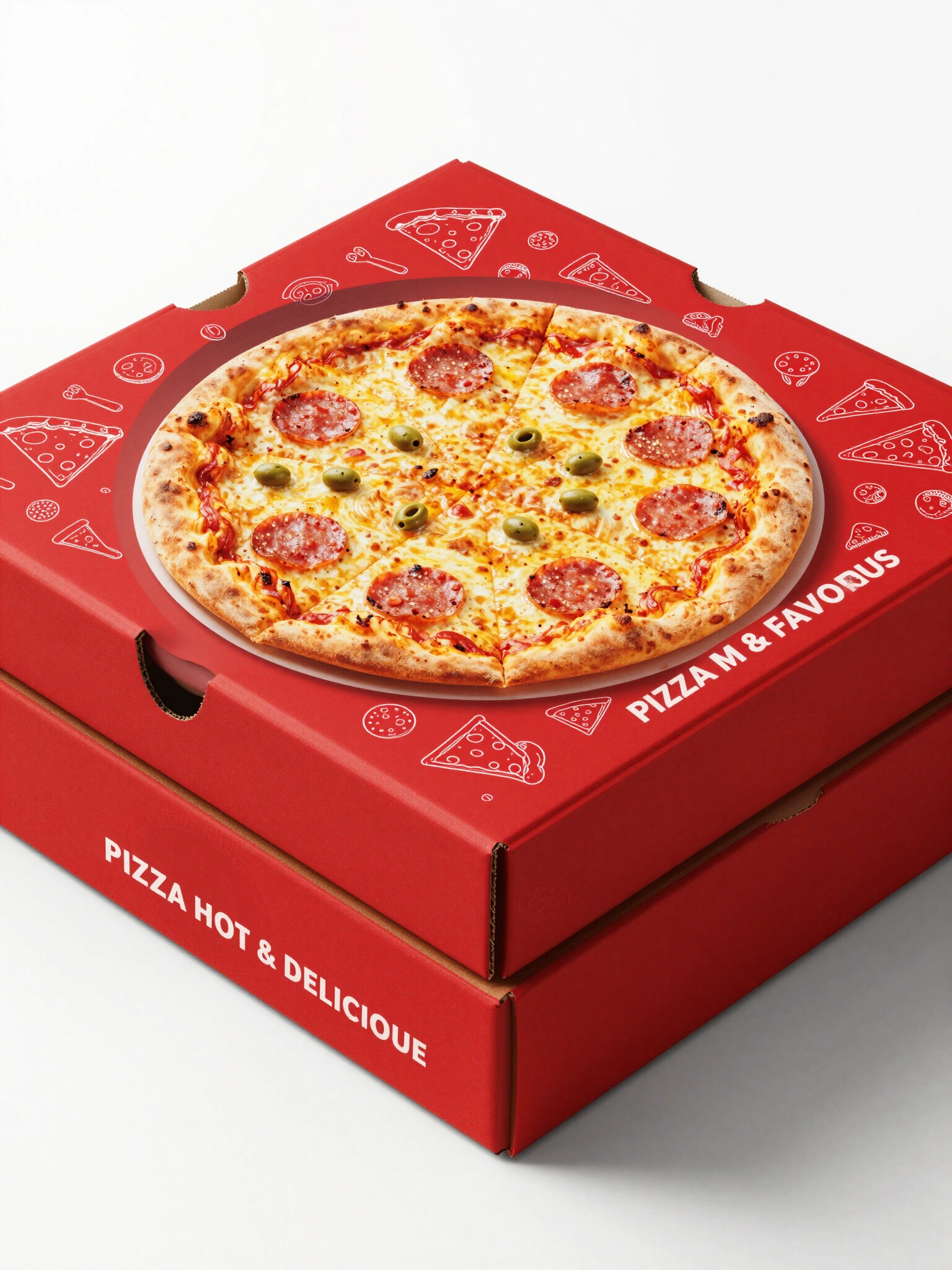 Red pizza box with yellow pizza slice and white branding elements on a clean white background