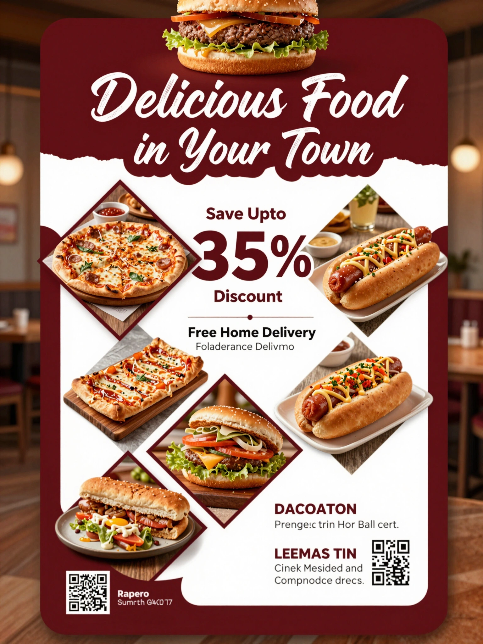 Restaurant advertisement flyer with a juicy burger, pizza, sandwiches, and hot dogs, offering free home delivery and up to 35% discount.
