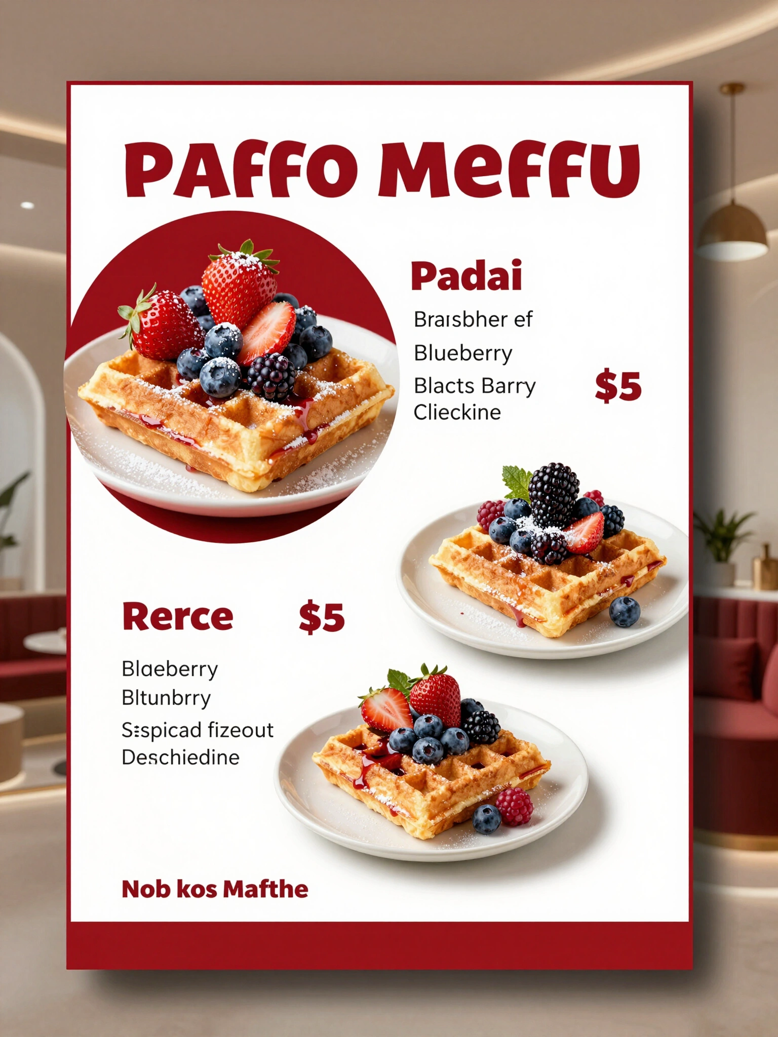 Restaurant menu showcasing three waffle desserts with fresh fruits, priced at $5, on a red and white background with contact information and a circular image of a waffle dish.