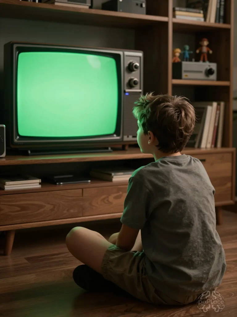 Boy watching green screen TV in dark room surrounded by retro items