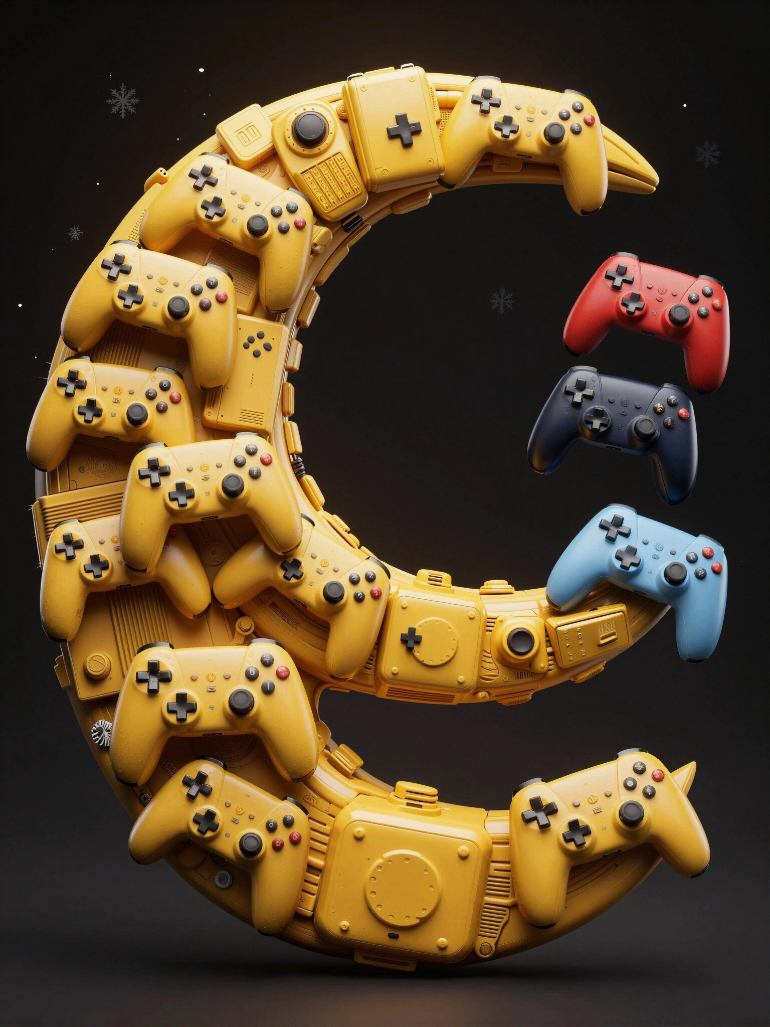 A stylized arrangement of yellow retro gaming devices in a 'C' shape with colored gamepads on a black background with gray snowflakes.