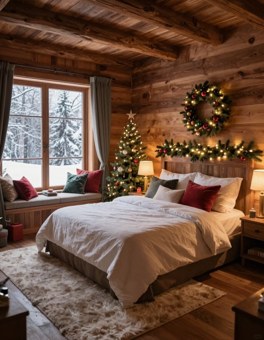 A warm and inviting bedroom decorated for Christmas with a small tree, wreath, and garland, set against a snowy winter backdrop.