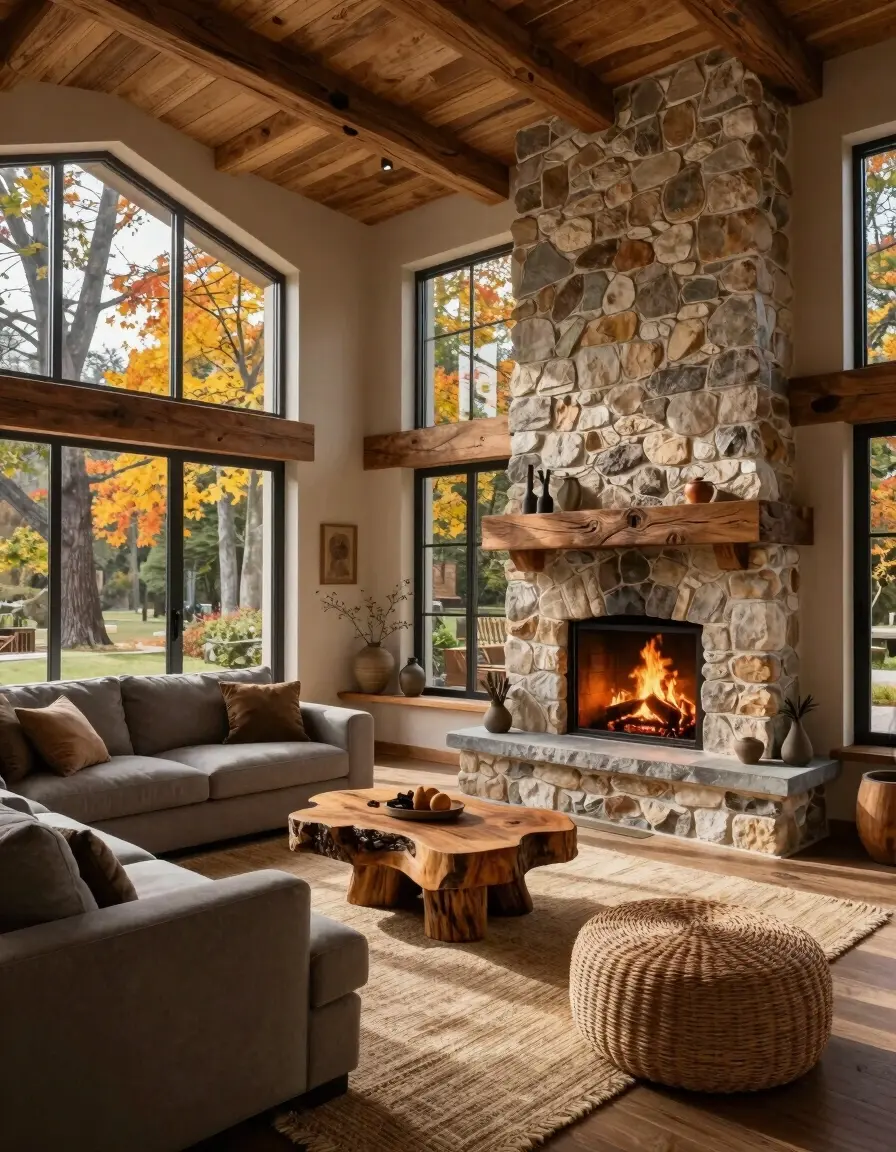 A cozy living room with a stone fireplace, wooden accents, and natural textures, featuring a gray sofa, tree-stump coffee table, and wicker pouf.