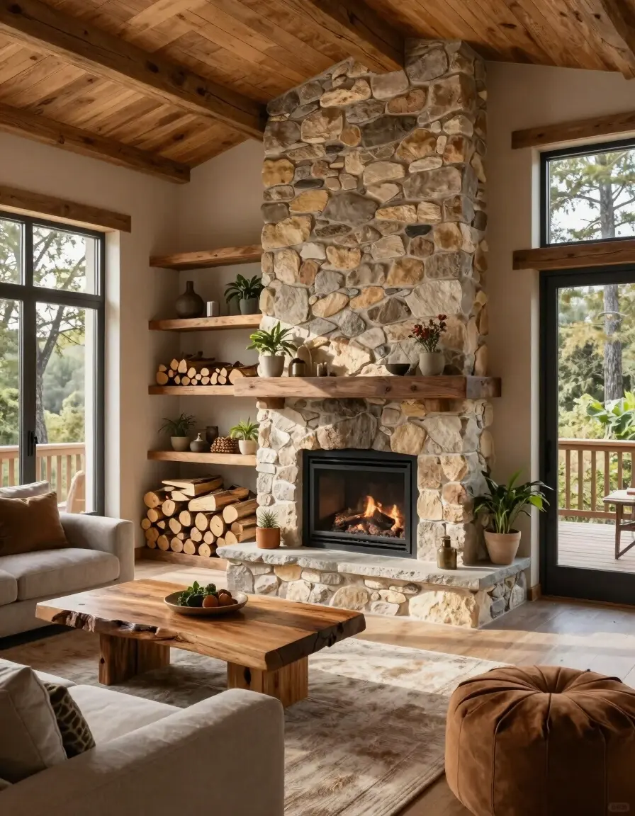 A cozy living room with a stone fireplace, wooden shelves, and large windows, furnished with a gray couch and a wooden coffee table.