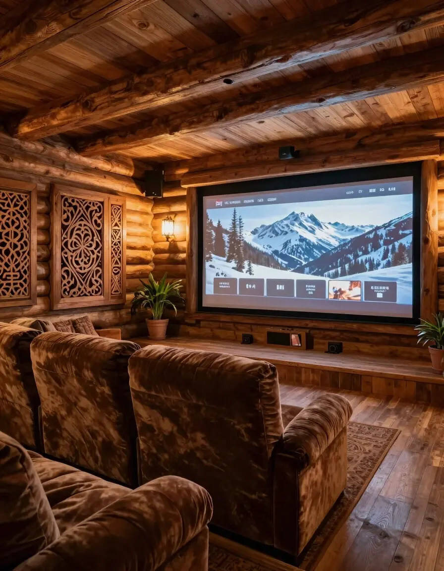 A cozy home theater with a large screen and plush brown seating, surrounded by rustic wooden walls and ceiling, with a large window showing a snowy mountain landscape.