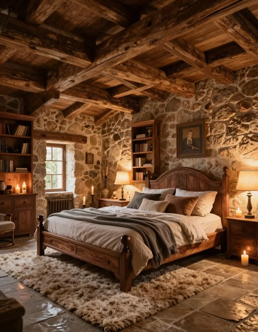 A cozy, rustic attic bedroom with a large wooden bed and exposed beams, perfect for a luxurious retreat.