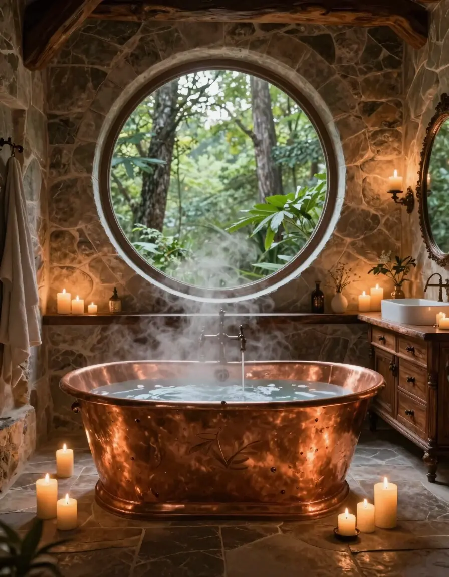 Luxurious rustic bathroom with copper bathtub and candles