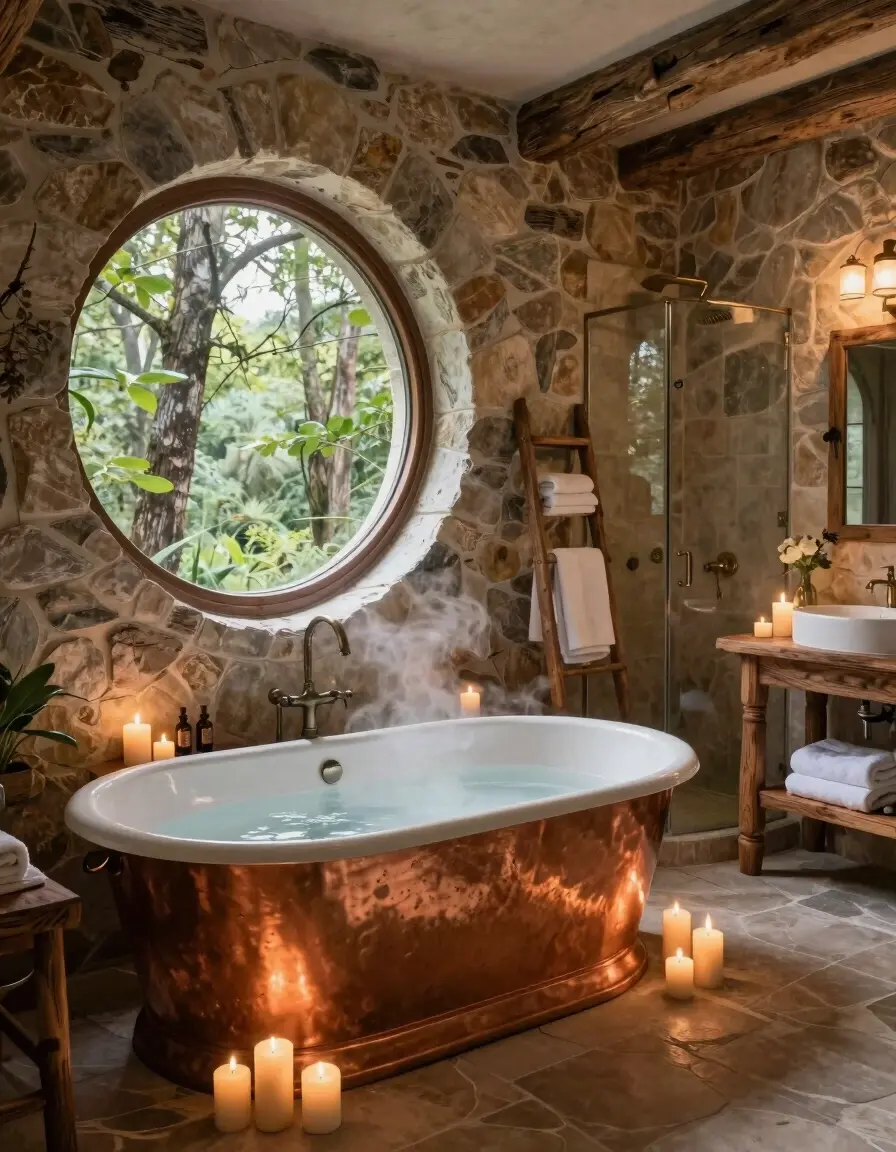 Luxurious rustic bathroom with copper bathtub, candles, and stone walls