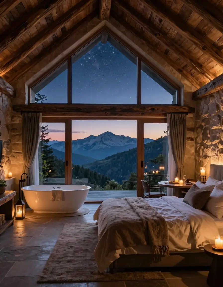 A luxurious bedroom with a vaulted ceiling and large windows showing a starry sky and mountains at dusk, furnished with a plush bed and freestanding bathtub, lit by candles and lanterns.