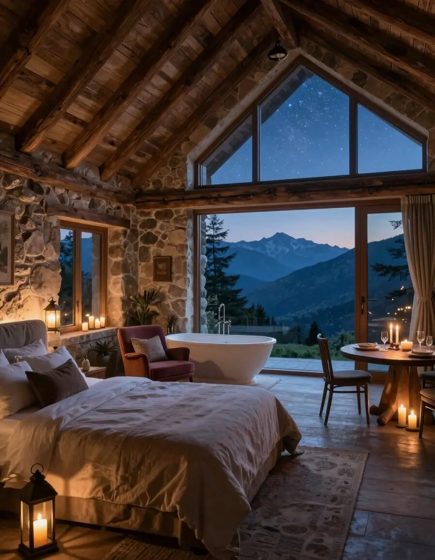 A luxurious bedroom with a vaulted ceiling, large windows showing a starry sky and mountains, furnished with a bed, chair, bathtub, and dining area, lit by candles and lanterns.