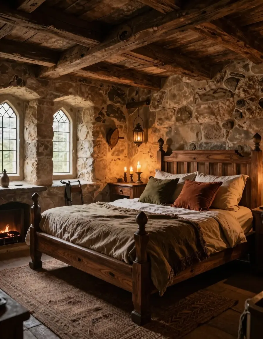 A cozy, medieval-style bedroom with a wooden bed, stone walls, and warm, soft lighting.