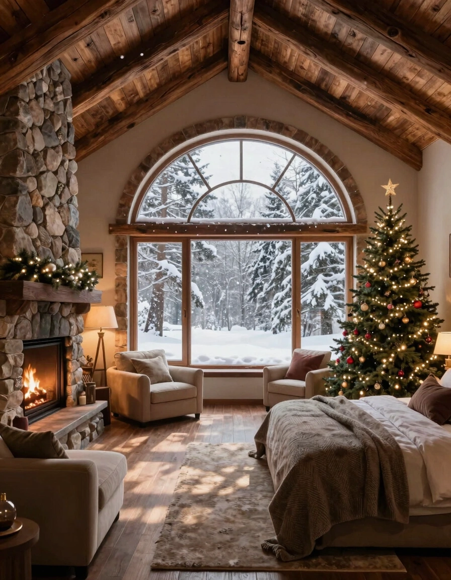 Rustic bedroom with fireplace and Christmas tree